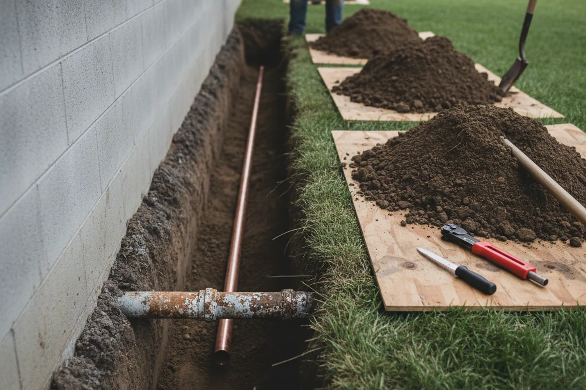 Excavated water line trench during Water Softener Installation in University Park